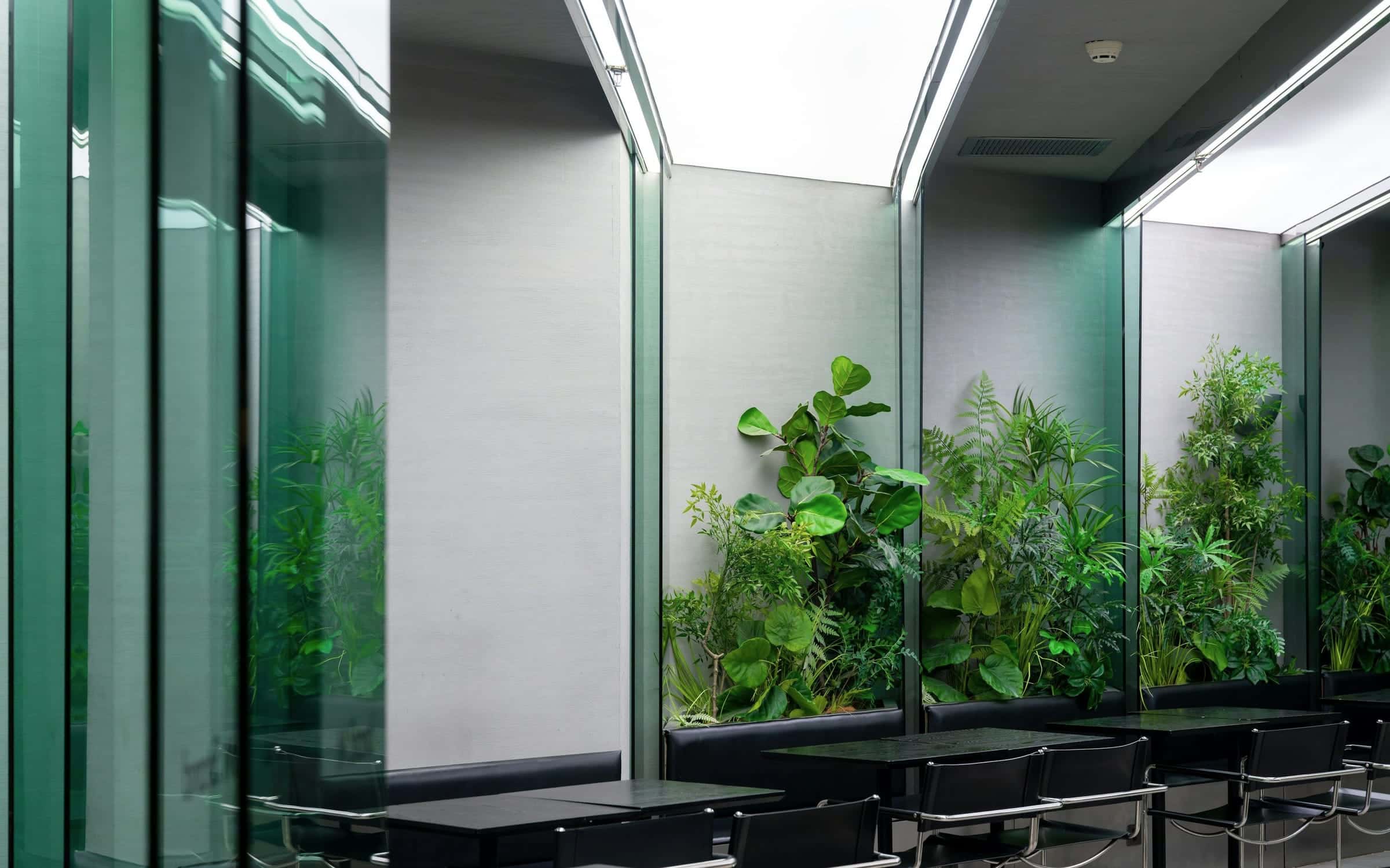 A bright interior with tall planted glass bays above rows of tables.
