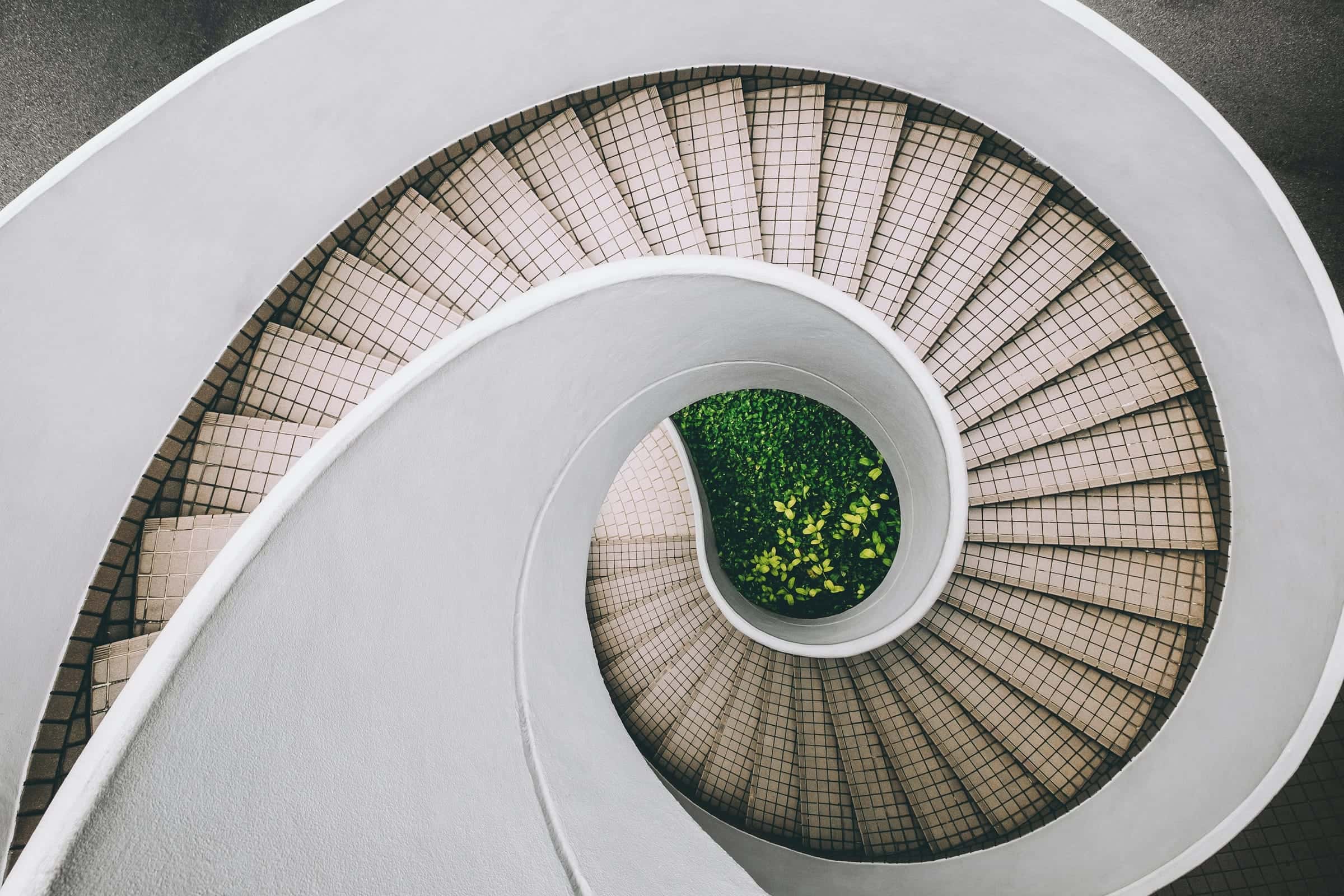 A white spiral staircase seen from above, winding down to green planting.